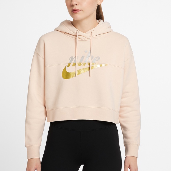 NIKE Cropped Hoodie Beige Metallic Gold Swoosh Logo Pullover Large - Picture 1 of 6